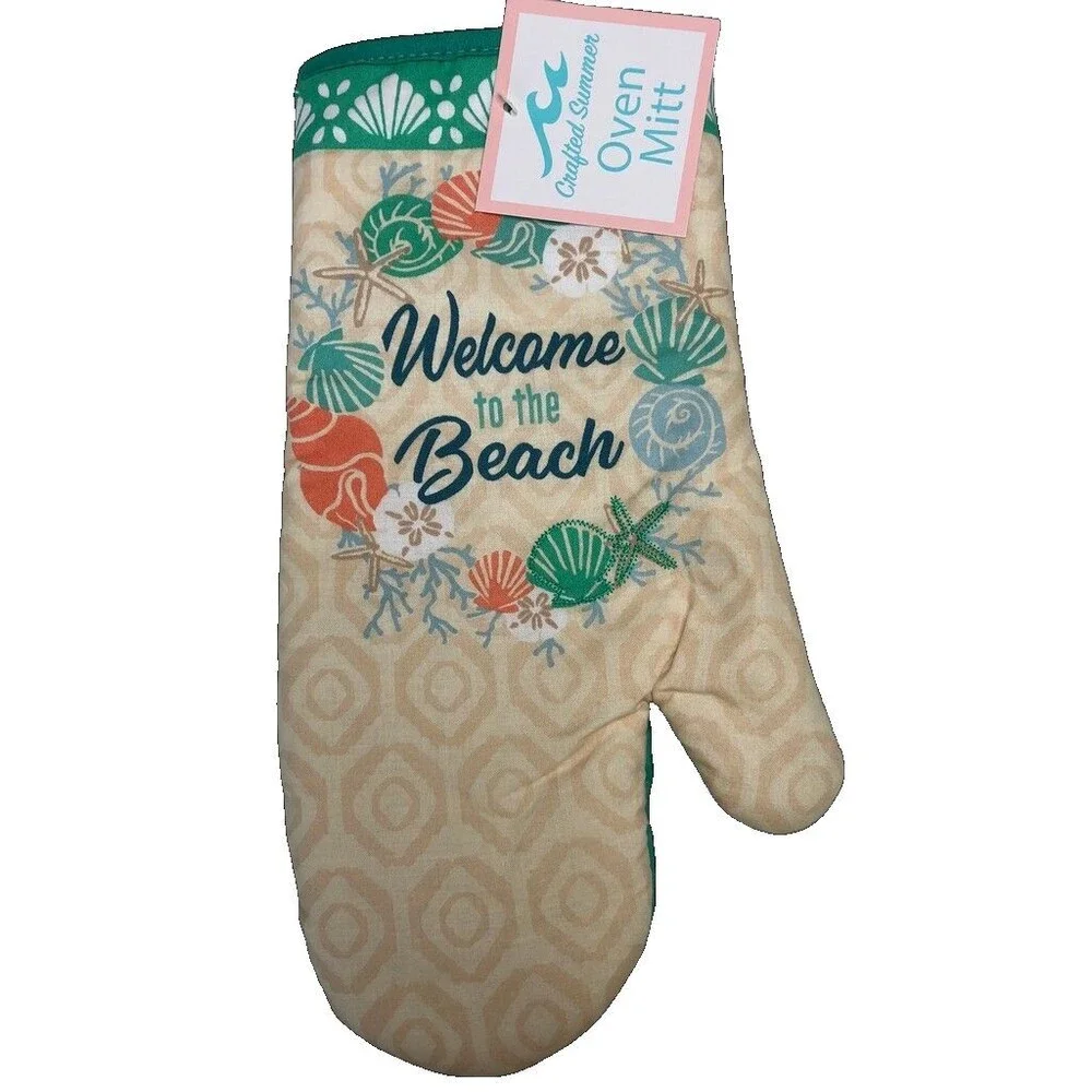 Shell Wreath Welcome Beach Dish Towel Oven Mitt Potholder Tropical Set of 3